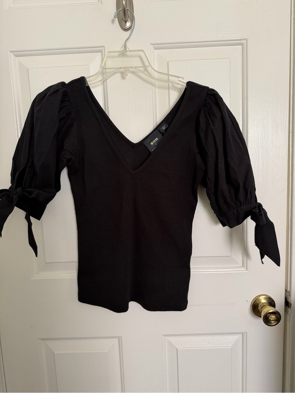 Maeve by Anthropologie Puff Sleeve V-Neck Top with Tie Cuffs - Black